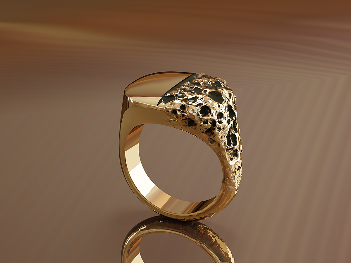 Sculpted signet ring. Custom Jewellery. 3D Rendering.